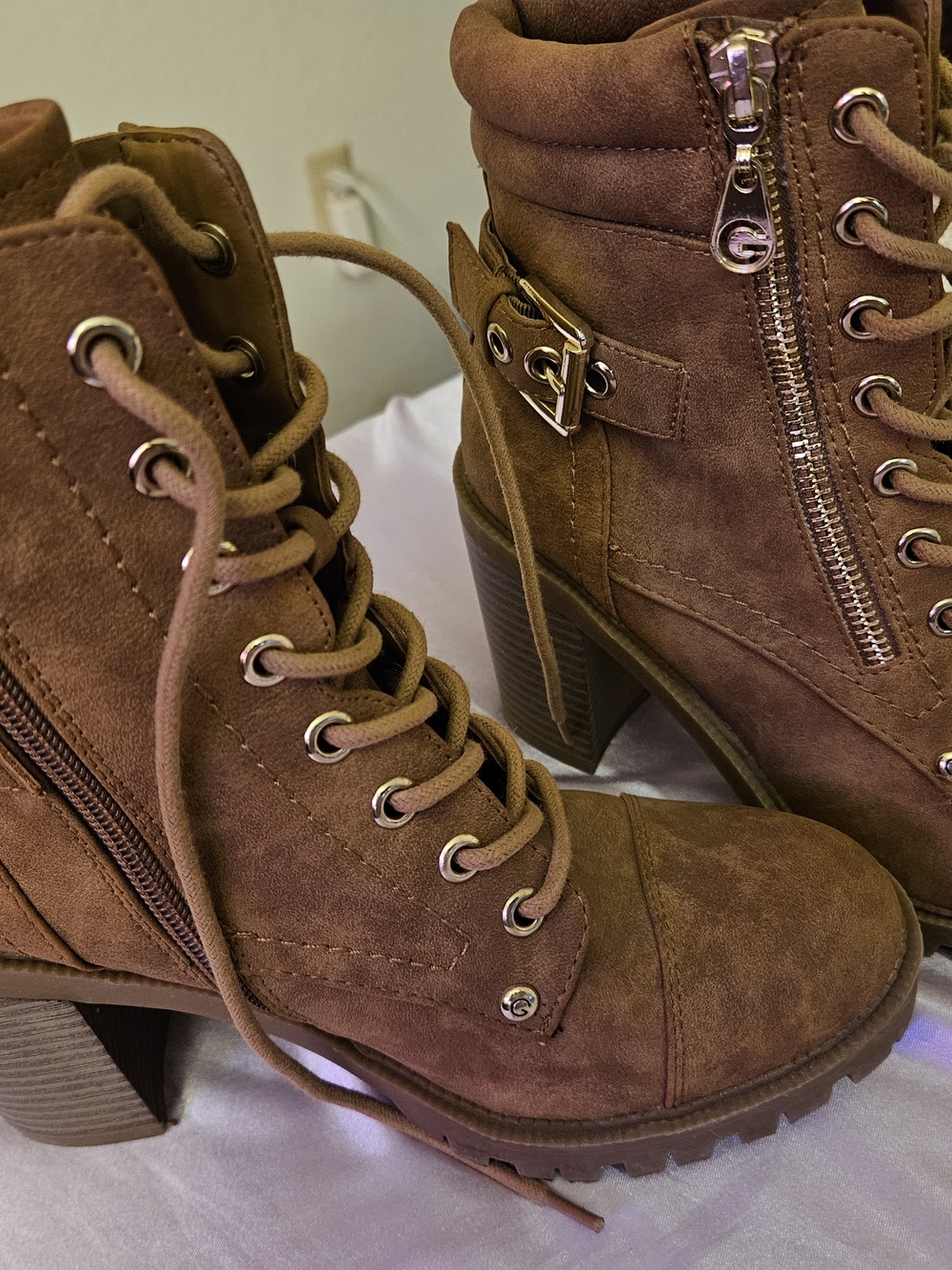 Guess Tan Suede Lace-Up Heeled Ankle Boots